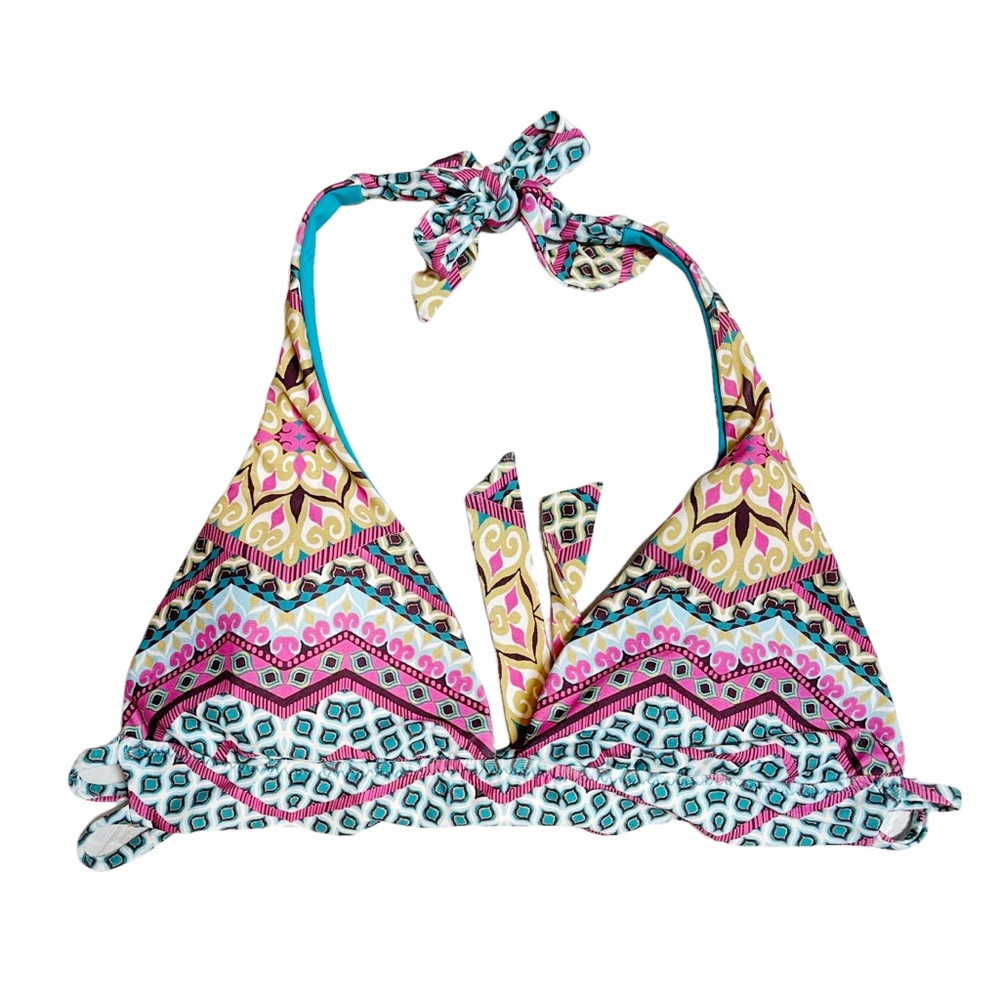 BECCA Pink Teal Gold Patterned Halter Bikini Top
